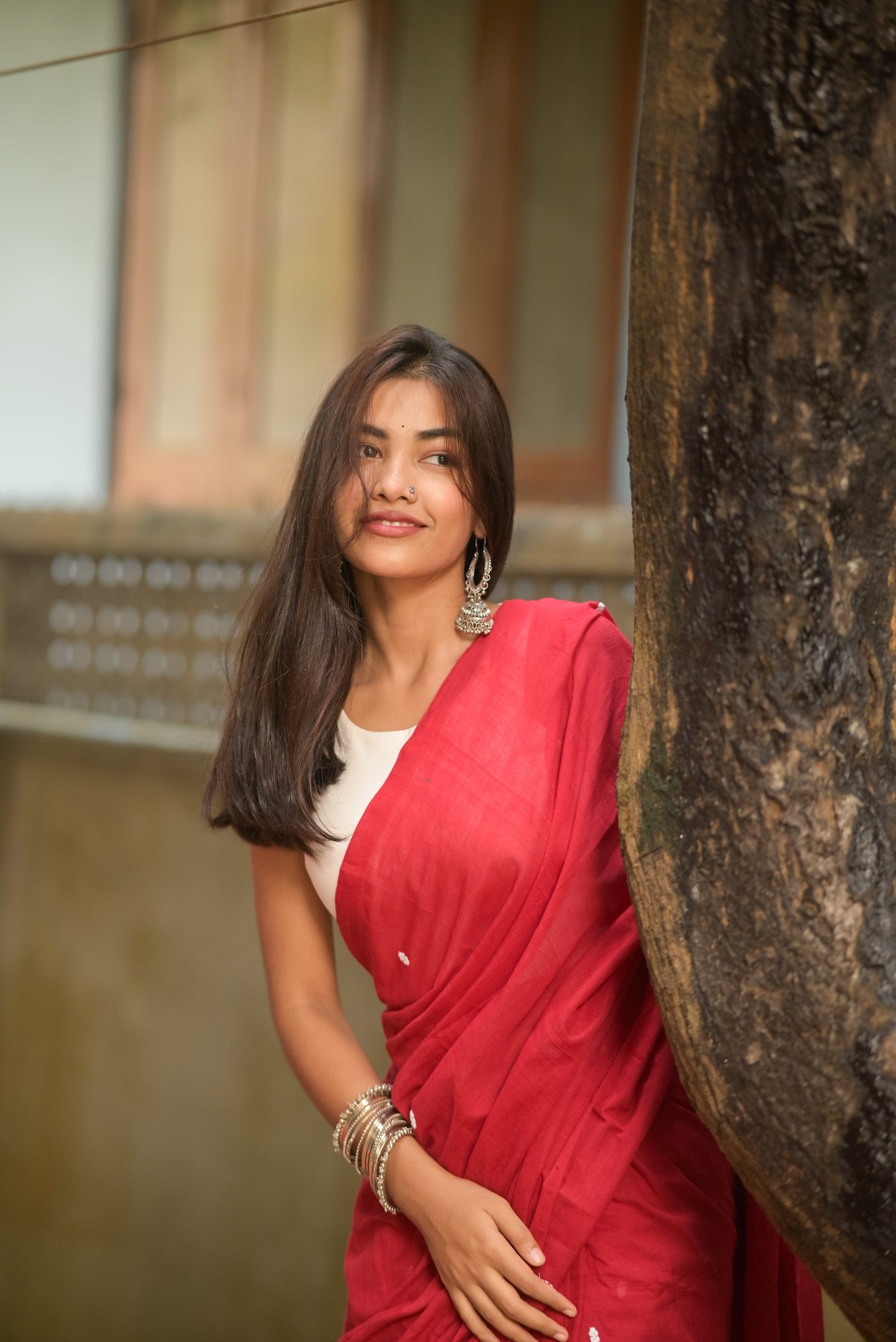 Red Handwoven Saree with White Buta