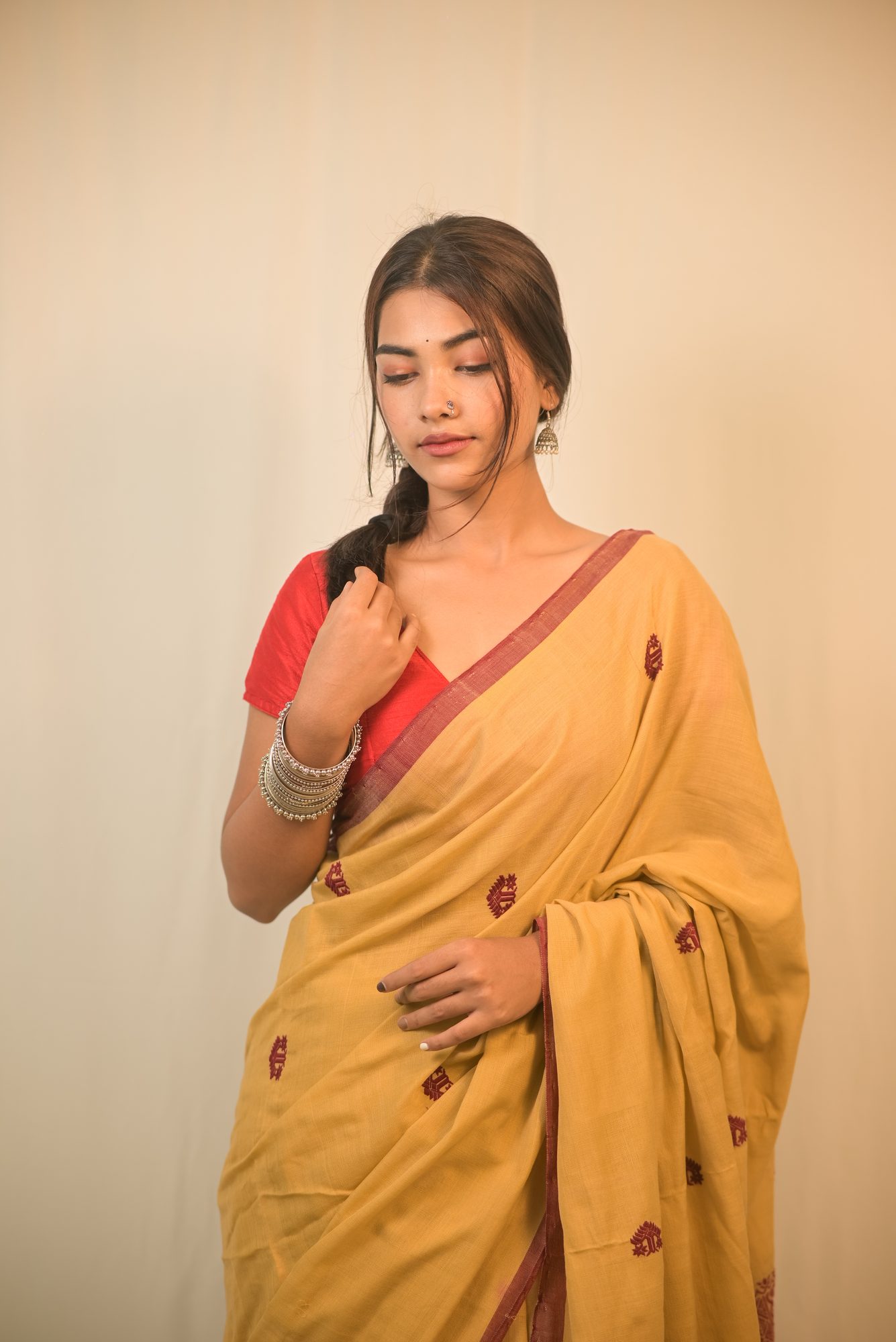 Muga Colour Handwoven Saree with Gos Buta