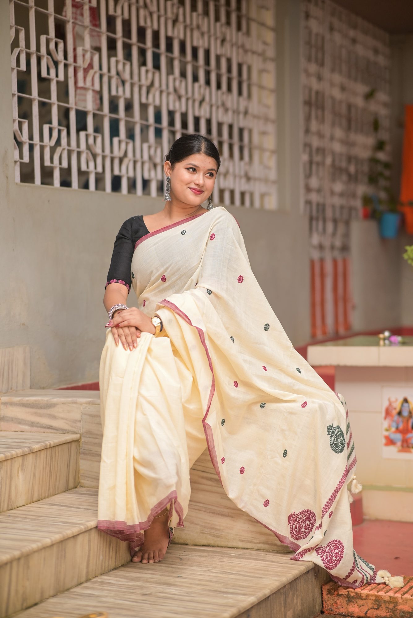 Off White Handwoven Saree with Kolka Buta