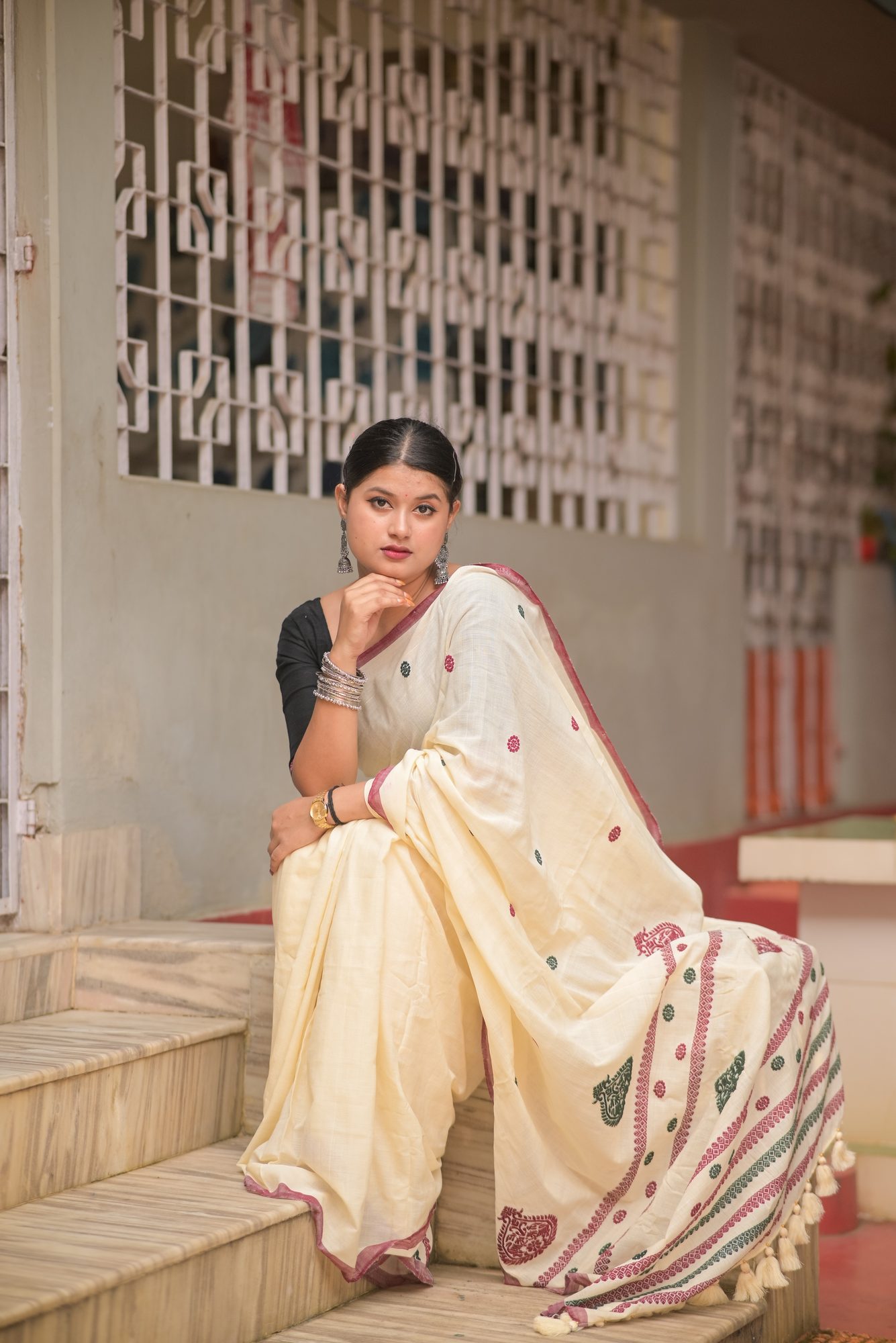 Off White Handwoven Saree with Kolka Buta
