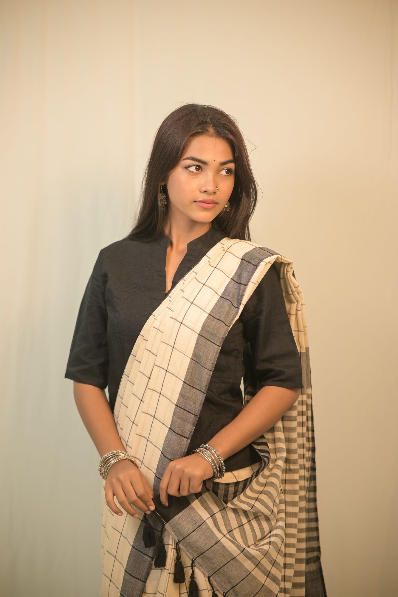 White Handwoven Saree with Black Stripes