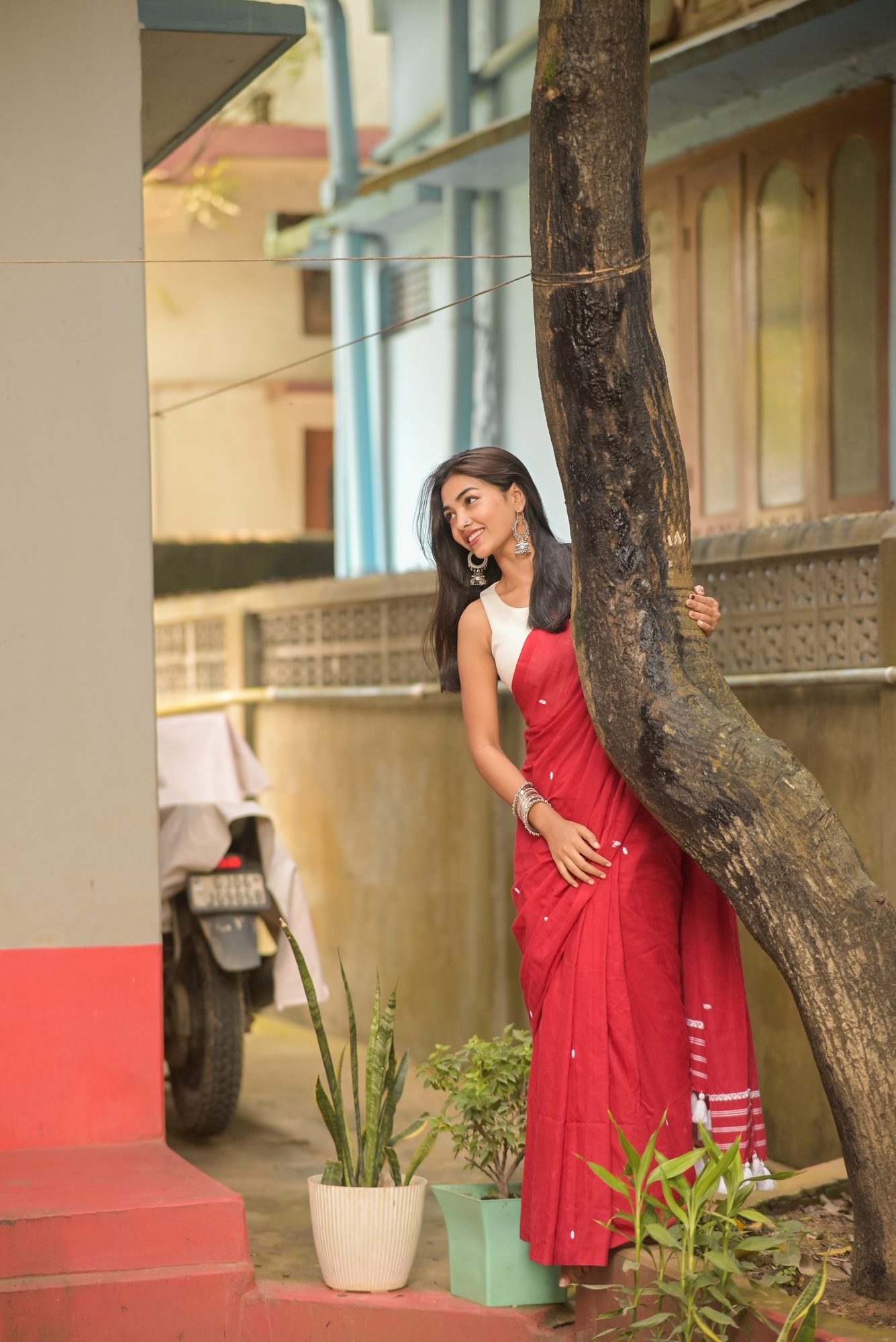 Red Handwoven Saree with White Buta