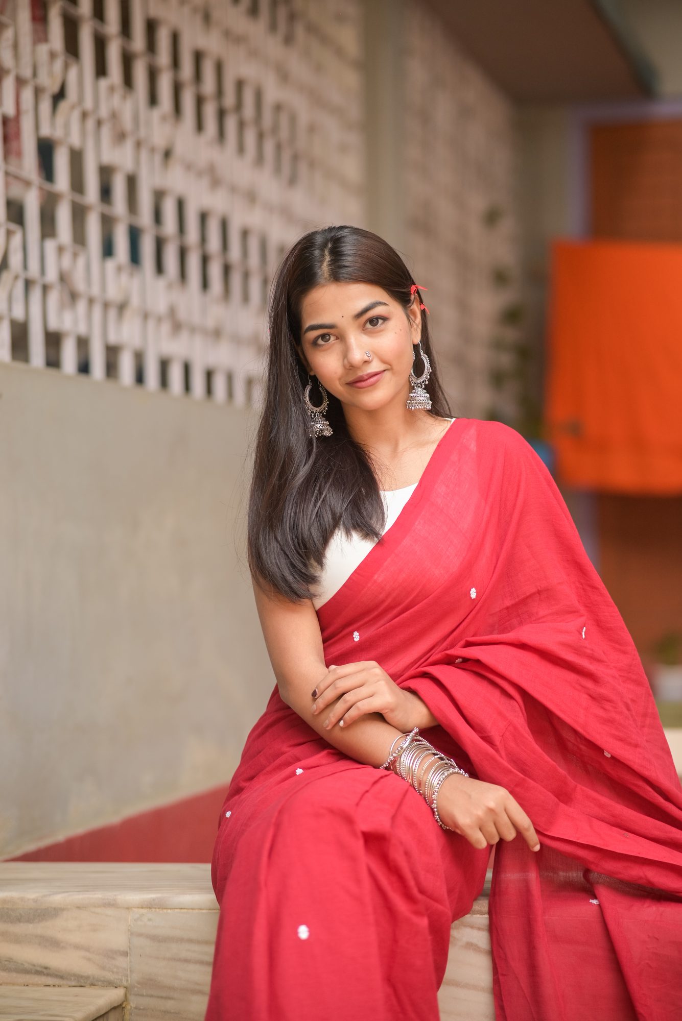 Red Handwoven Saree with White Buta