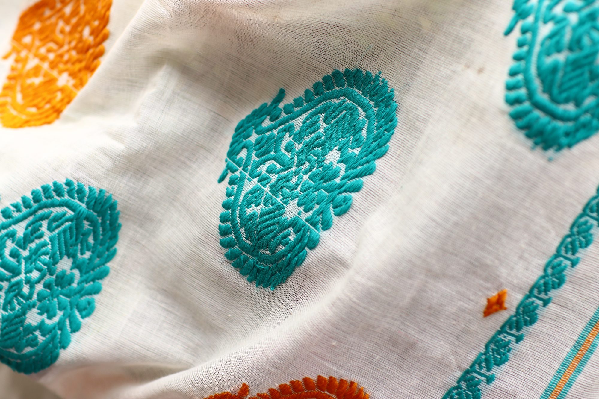 White Handwoven Saree with Blue & Yellow Kolka Buta