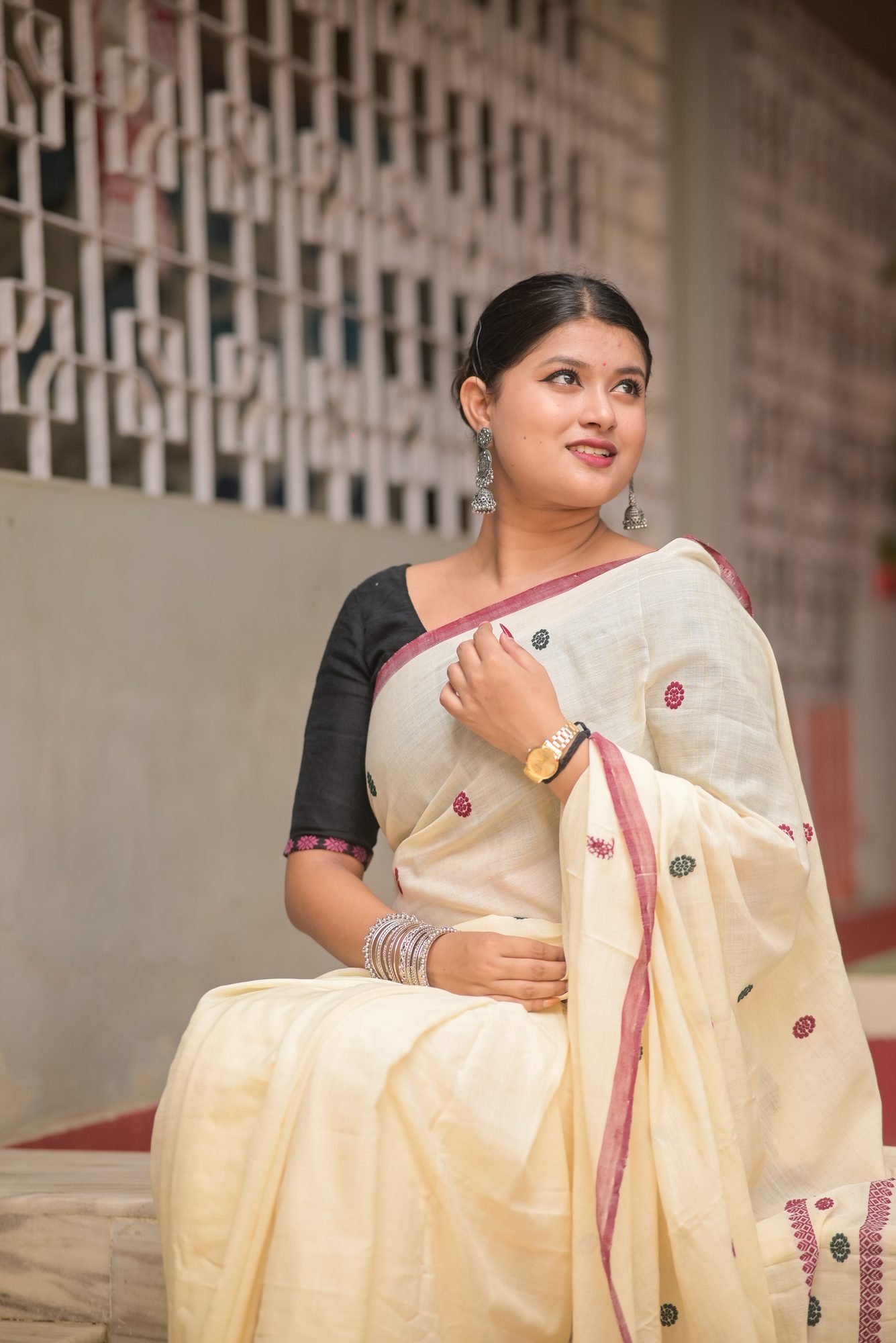 Off White Handwoven Saree with Kolka Buta