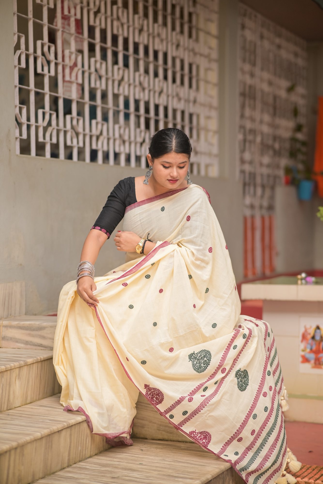Off White Handwoven Saree with Kolka Buta