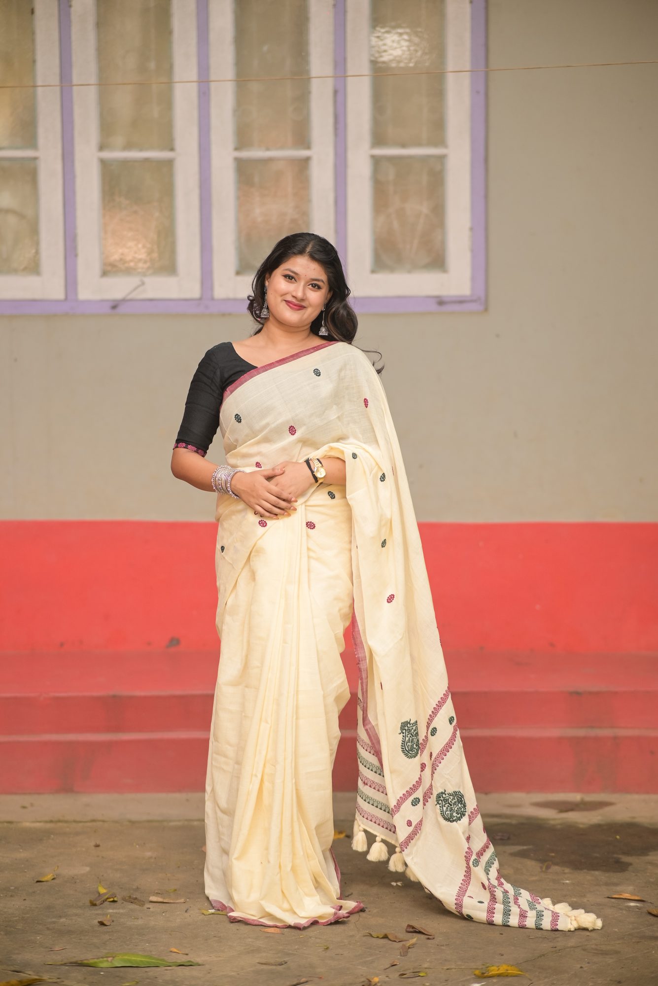Off White Handwoven Saree with Kolka Buta