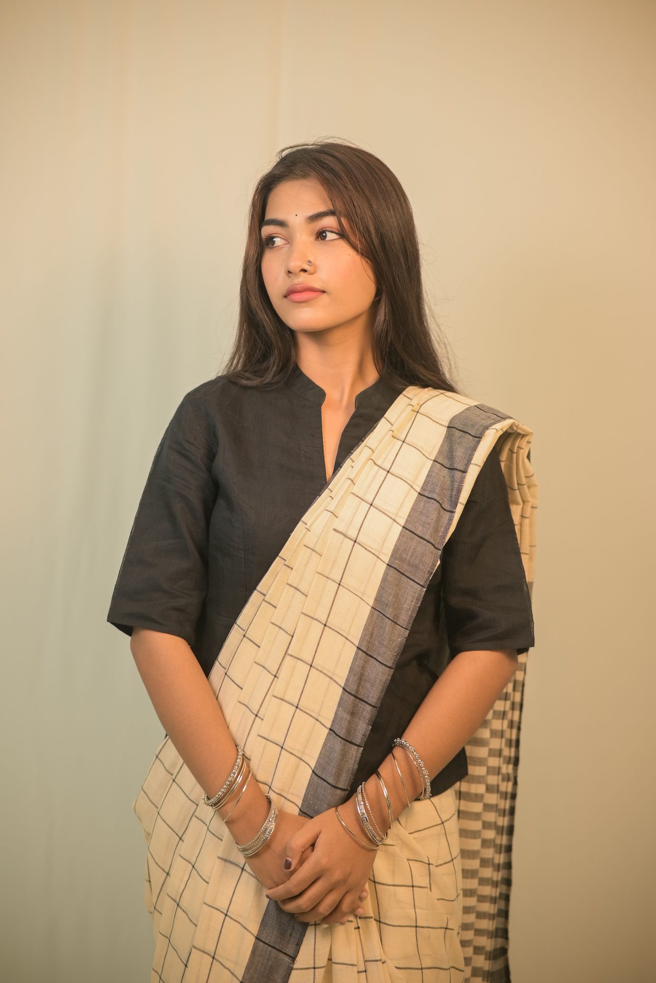 White Handwoven Saree with Black Stripes