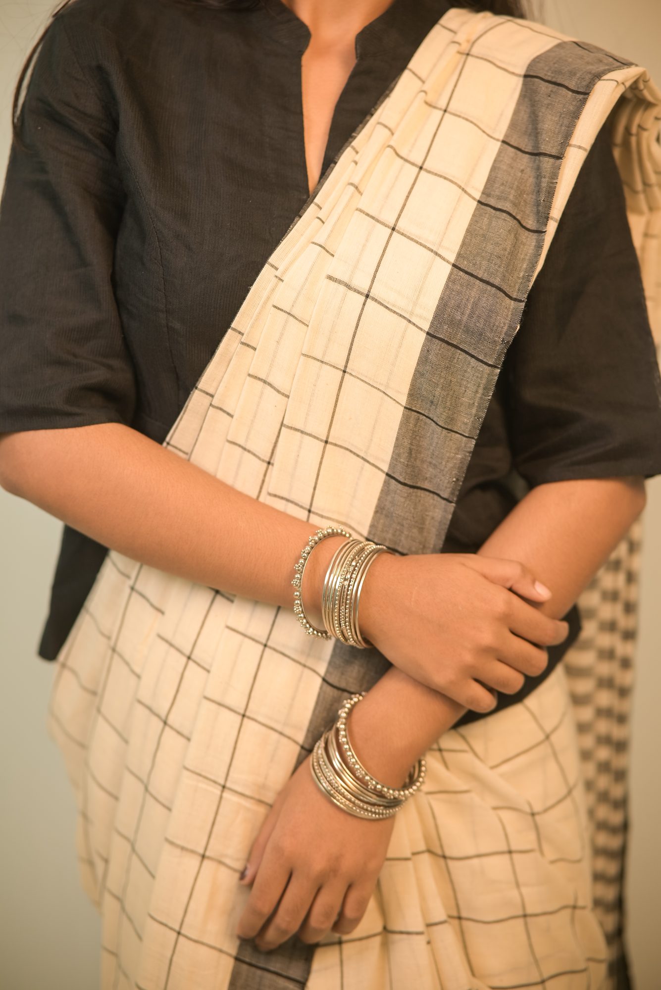 White Handwoven Saree with Black Stripes