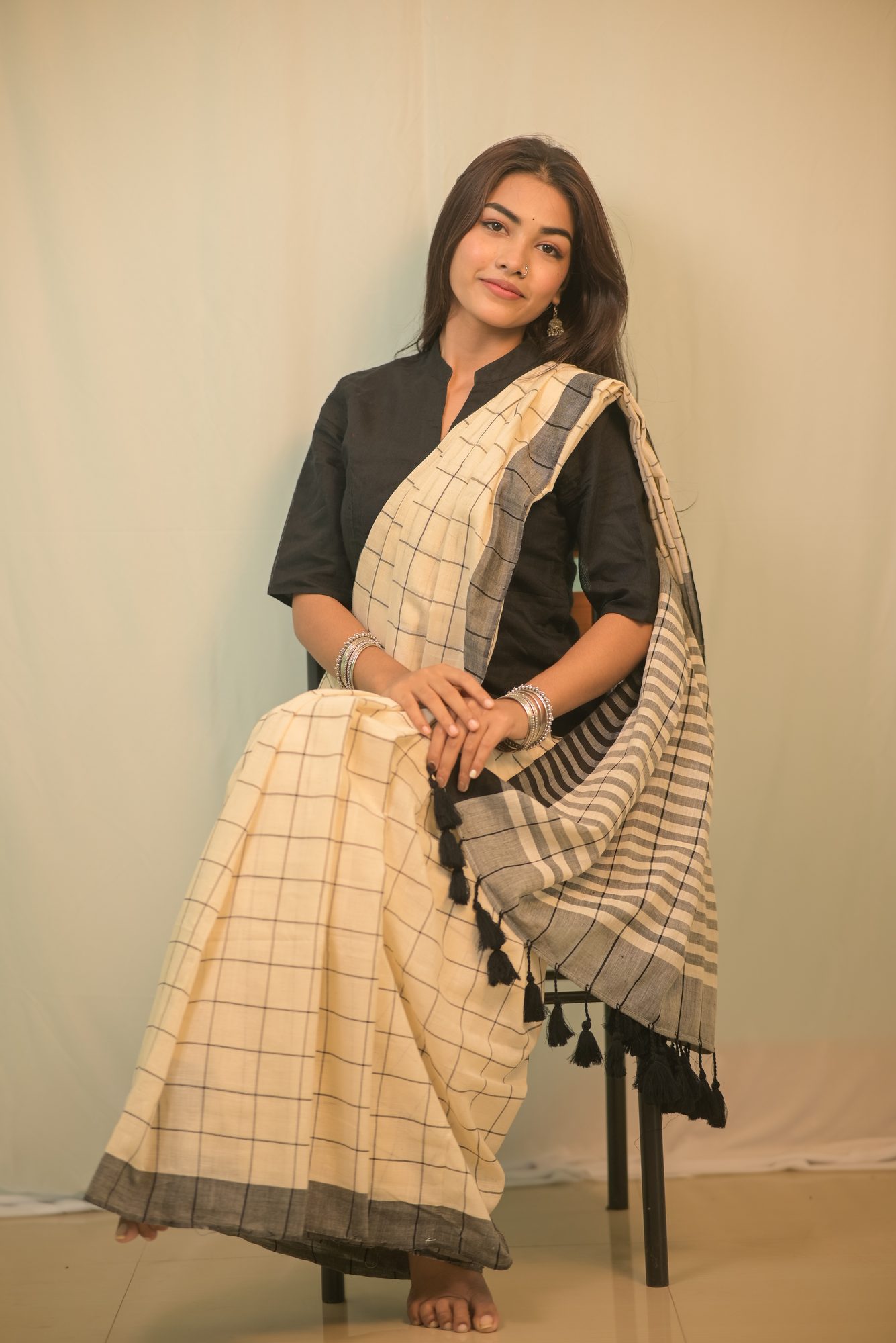 White Handwoven Saree with Black Stripes