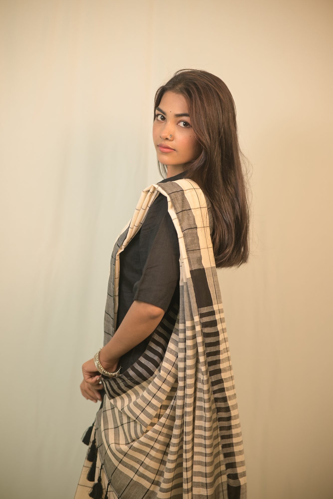 White Handwoven Saree with Black Stripes