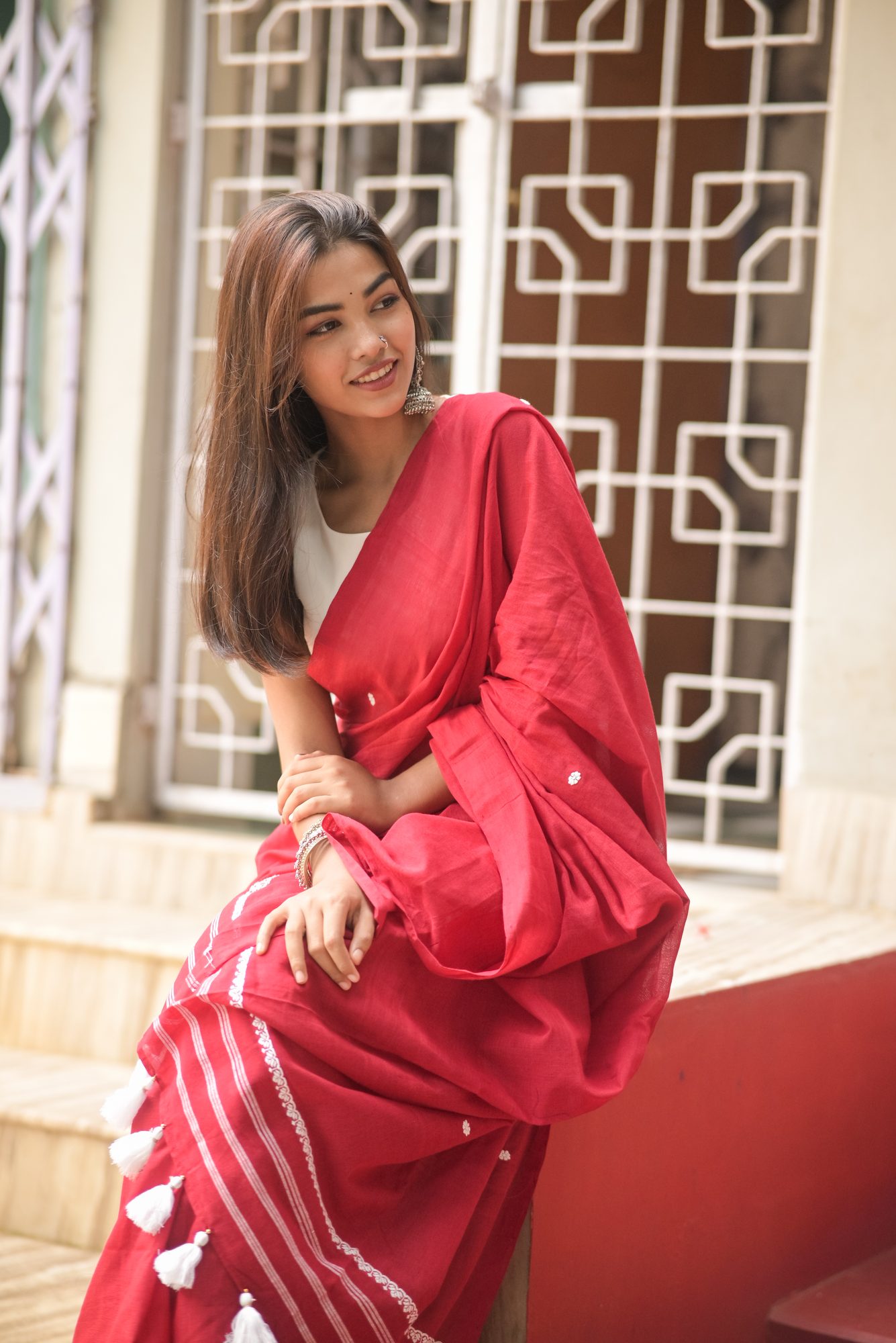 Red Handwoven Saree with White Buta