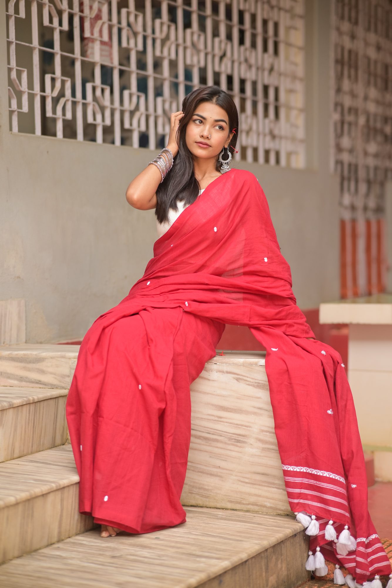 Red Handwoven Saree with White Buta