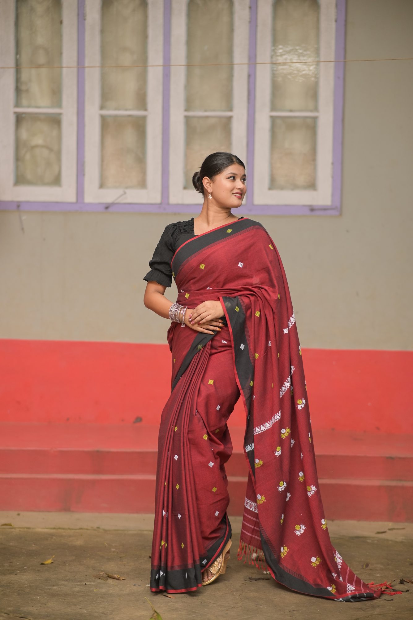 Maroon Handwoven Saree with Black Border