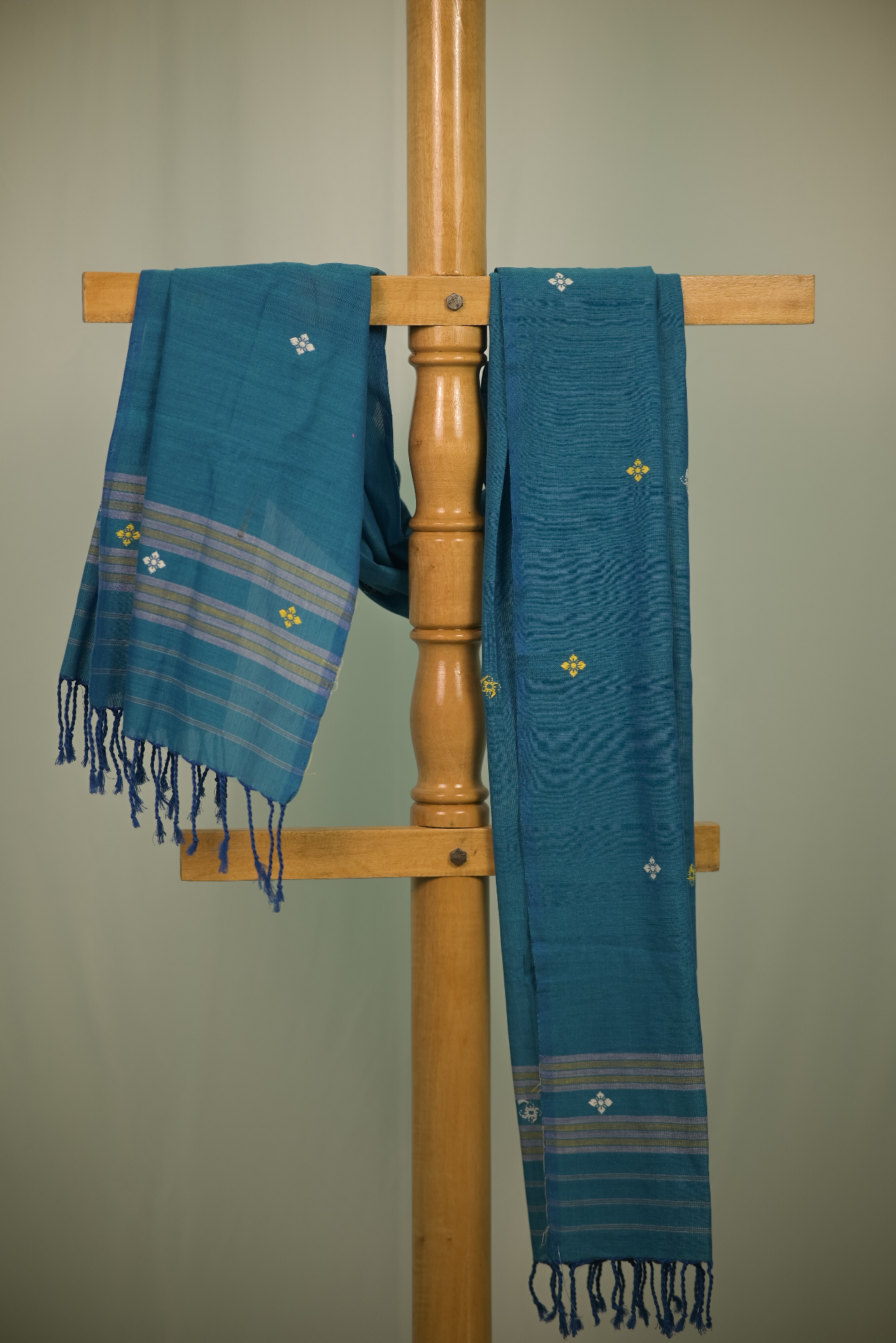 Indigo Handwoven Cotton Stole with Yellow Buta