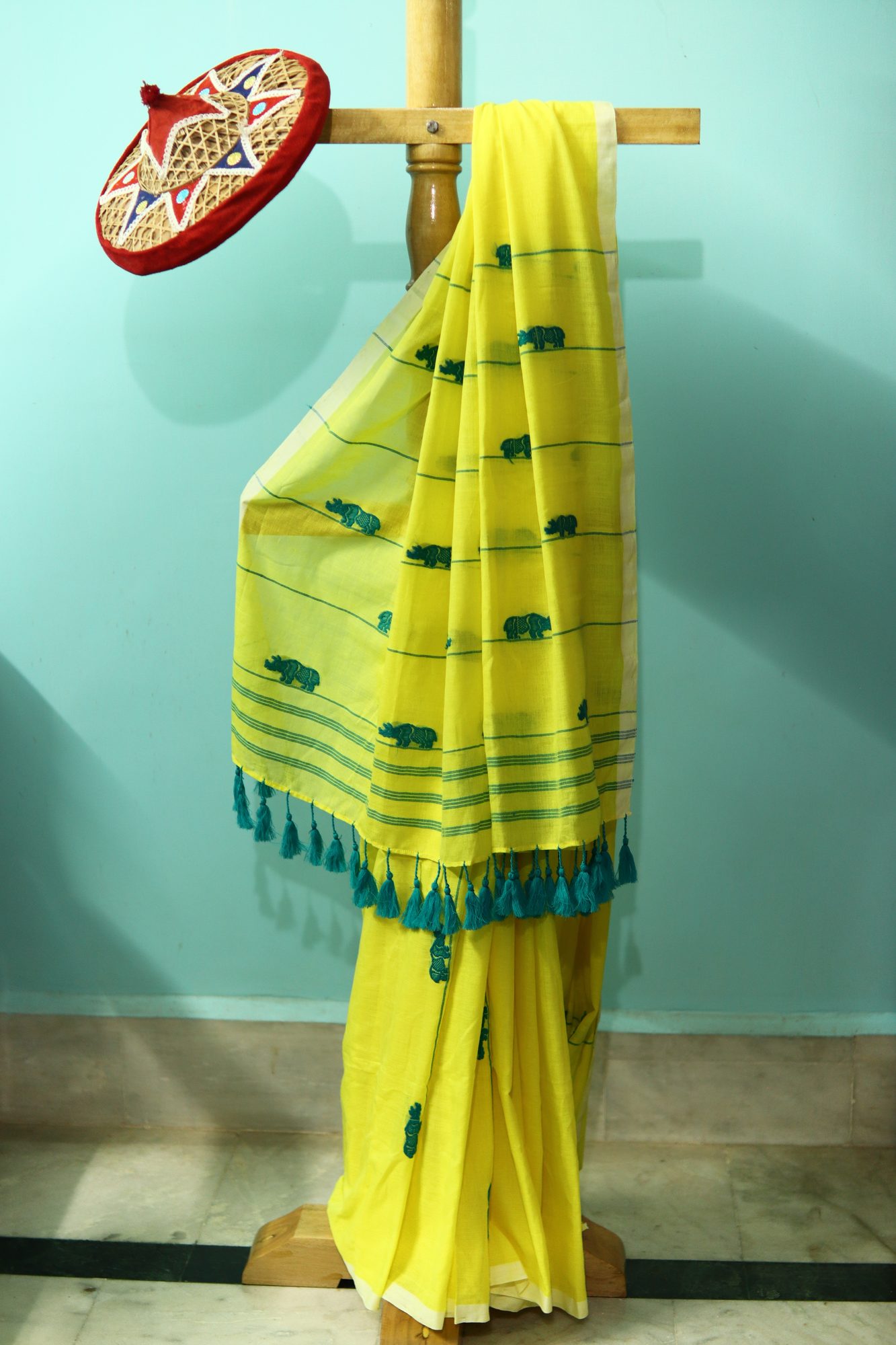 Lime Green Handwoven Saree with Rhino Motif